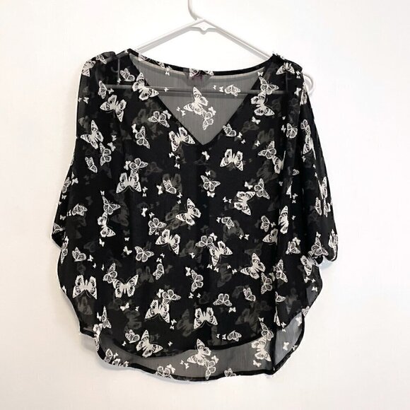 CANDIE'S Black White Butterfly Print Sheer Short Sleeve Cold Shoulder Y2K Blouse - Picture 9 of 10